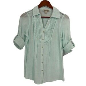 Vintage America Blouse Women S Mint Green Crinkle Pleat Lace Roll Tab Button Up